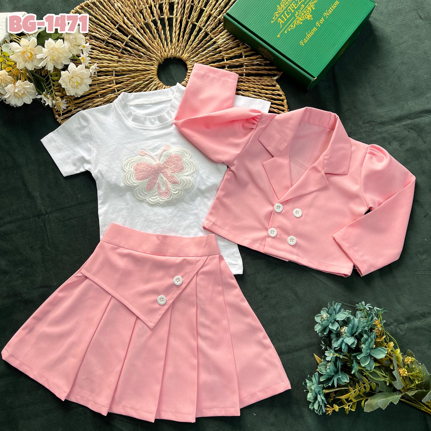 Baby Girl Jacket T-Shirt & Skirt Set-code-1471