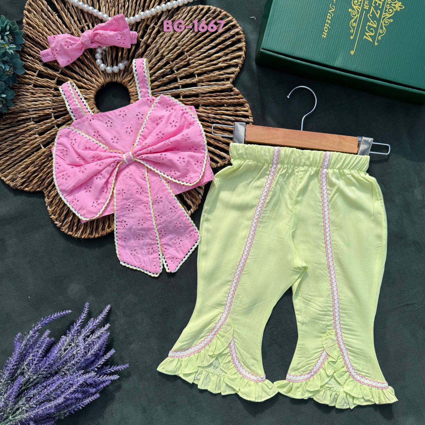 Pink Bow Eyelet Summer Tops and Pants Set-BG-1667