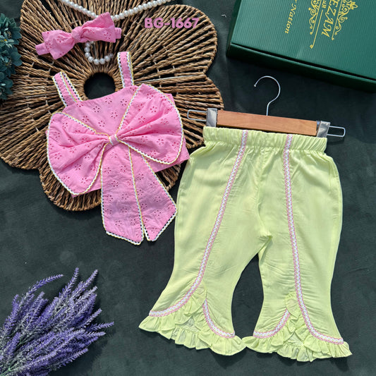 Pink Bow Eyelet Summer Tops and Pants Set-BG-1667